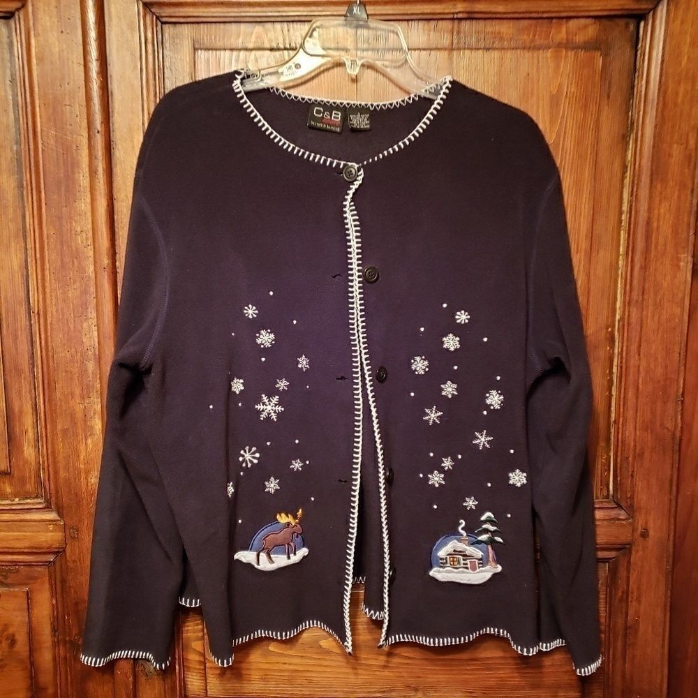Winter Black Fleece Cardigan Moose Cabin Bear